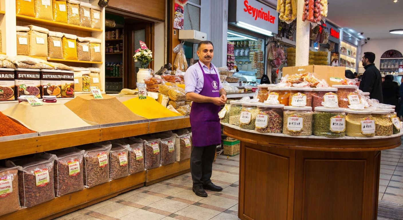 A bustling Turkish marketplace with colorful sacks of spices and grains, where a proud shopkeeper in an apron stands behind a wooden counter displaying Seyhanlar-branded food products.