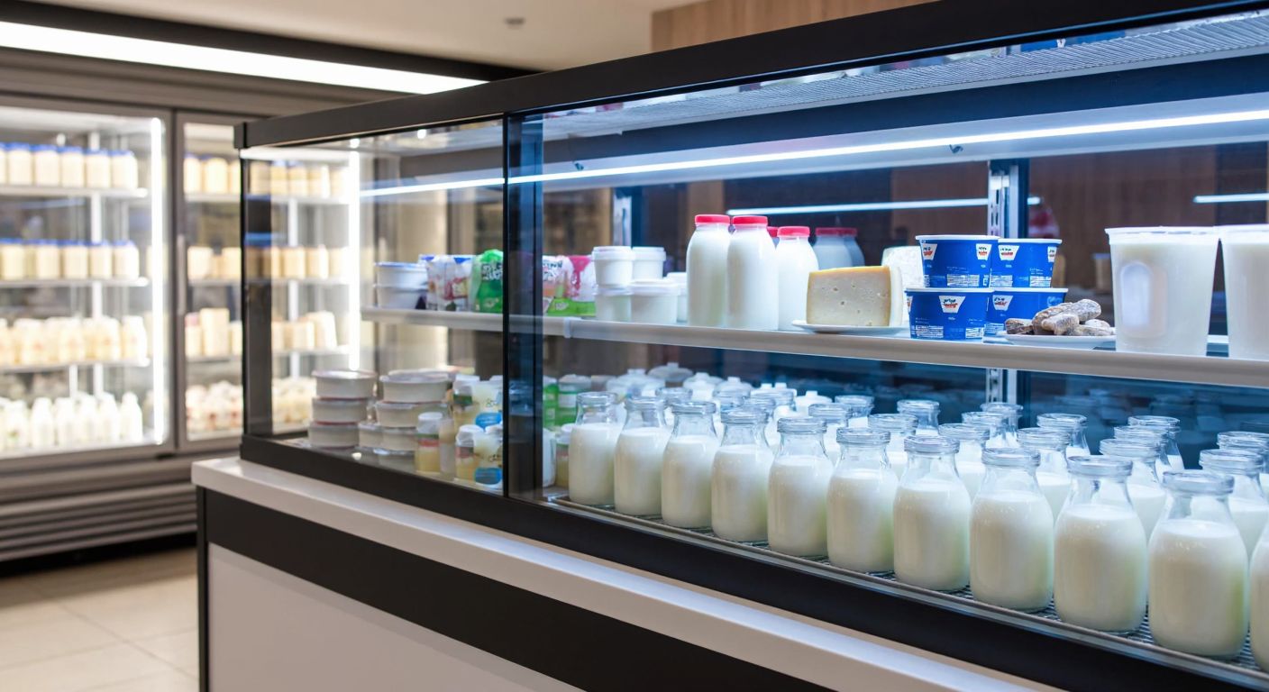 A sleek, glass-fronted sliding dairy fridge in a Turkish market, filled with fresh milk bottles, yogurt containers, and cheese blocks, softly illuminated by cool LED lights.