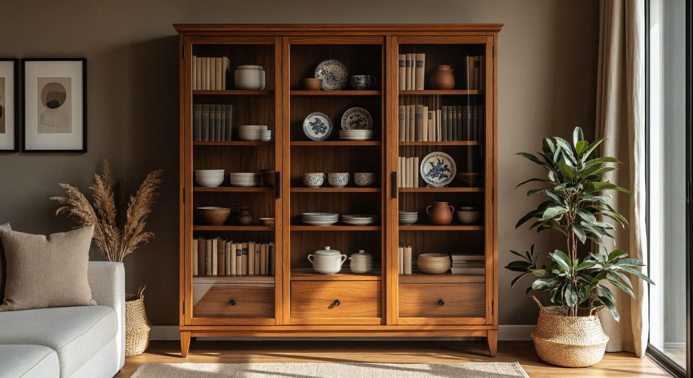 A sleek wooden bookshelf with glass doors stands in a cozy Turkish living room, filled with neatly arranged books and decorative ceramic plates, reflecting warm sunlight while protecting the contents from dust.