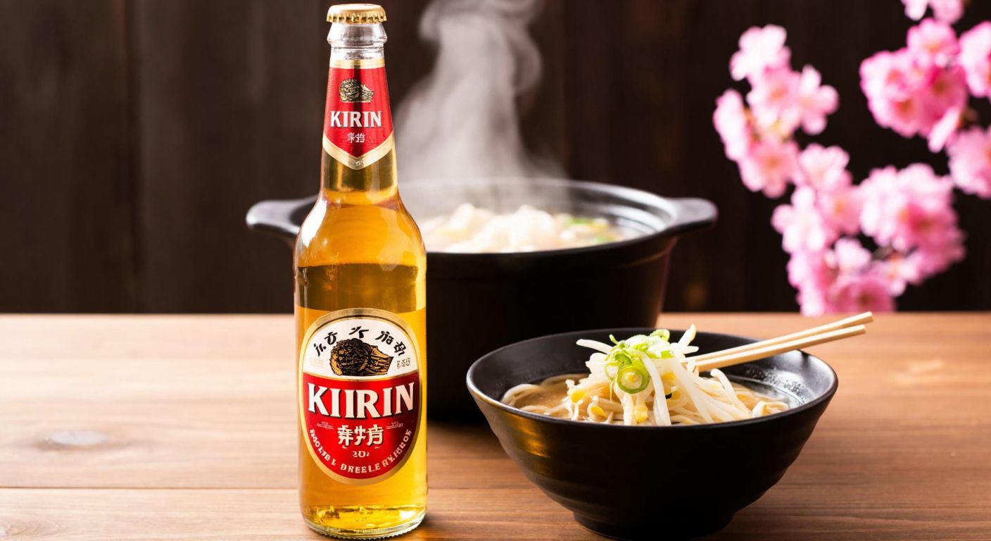 A golden Kirin beer bottle with a red label, placed on a wooden table beside a steaming bowl of ramen, with cherry blossoms in the background.
