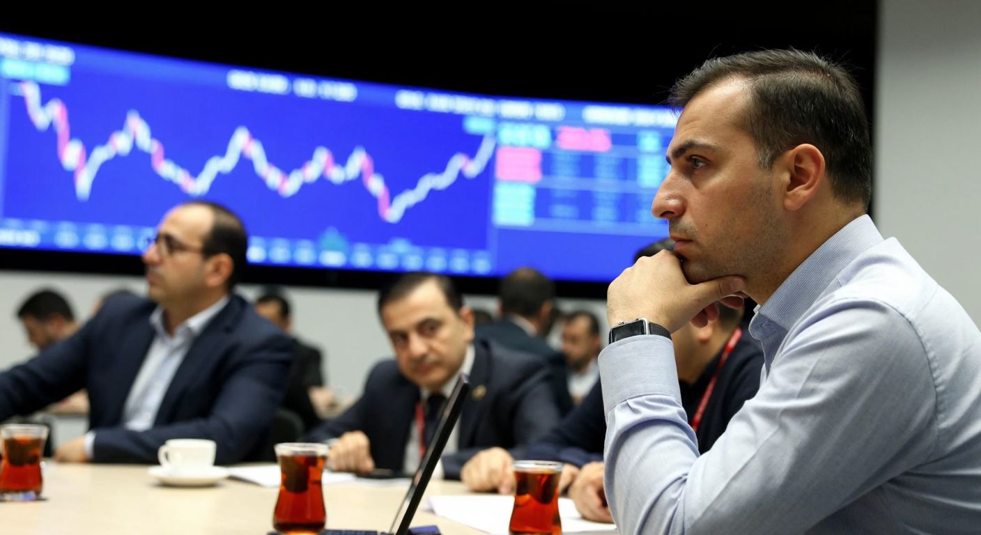 A concerned Turkish investor in a bustling Istanbul stock exchange gazes at a downward-trending graph on a large screen, surrounded by others discussing market fluctuations over cups of traditional çay.