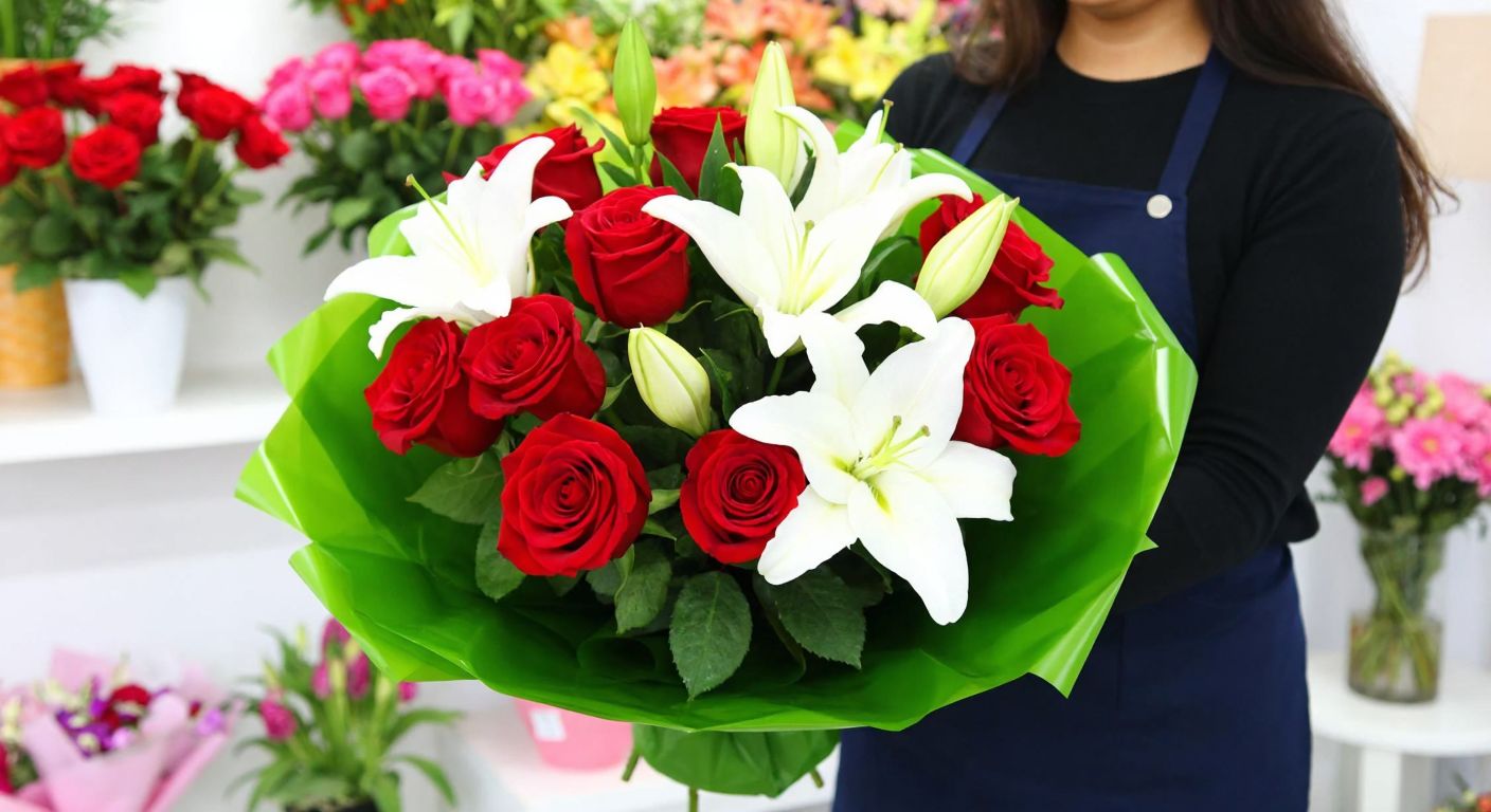 A vibrant bouquet of red roses and white lilies wrapped in green leaves, held by a smiling florist in a small shop in Hatay, with colorful flower arrangements in the background.