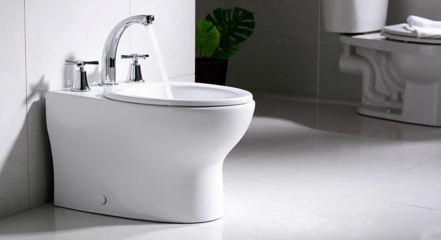 A sleek, modern bidet with a ceramic bowl and chrome fixtures sits beside a toilet in a clean, tiled bathroom, with a gentle water jet spraying upward from its nozzle.