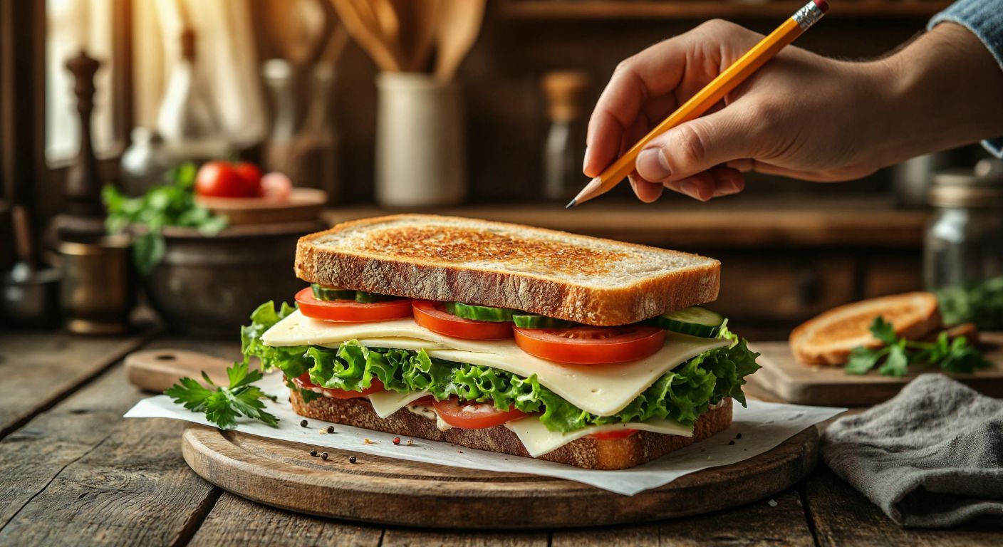 A hand holding a pencil sketches a layered sandwich with fresh ingredients like cheese, tomatoes, and bread slices on a rustic wooden table in a cozy Turkish kitchen.