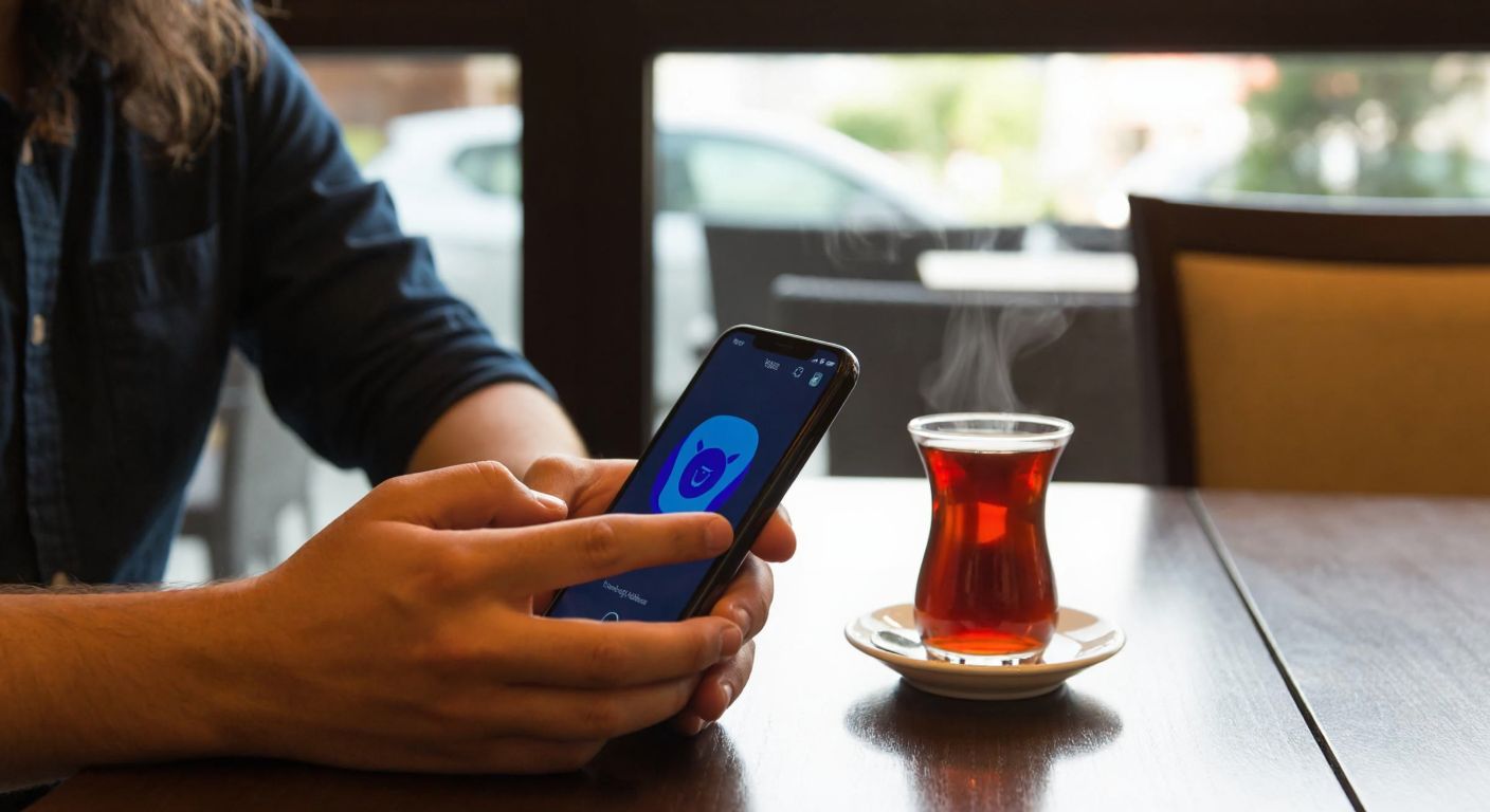 A person in Turkey thoughtfully browsing a smartphone screen displaying abstract app icons (Bluesky, Signal, Mastodon) while sitting at a café table with a steaming cup of Turkish tea.