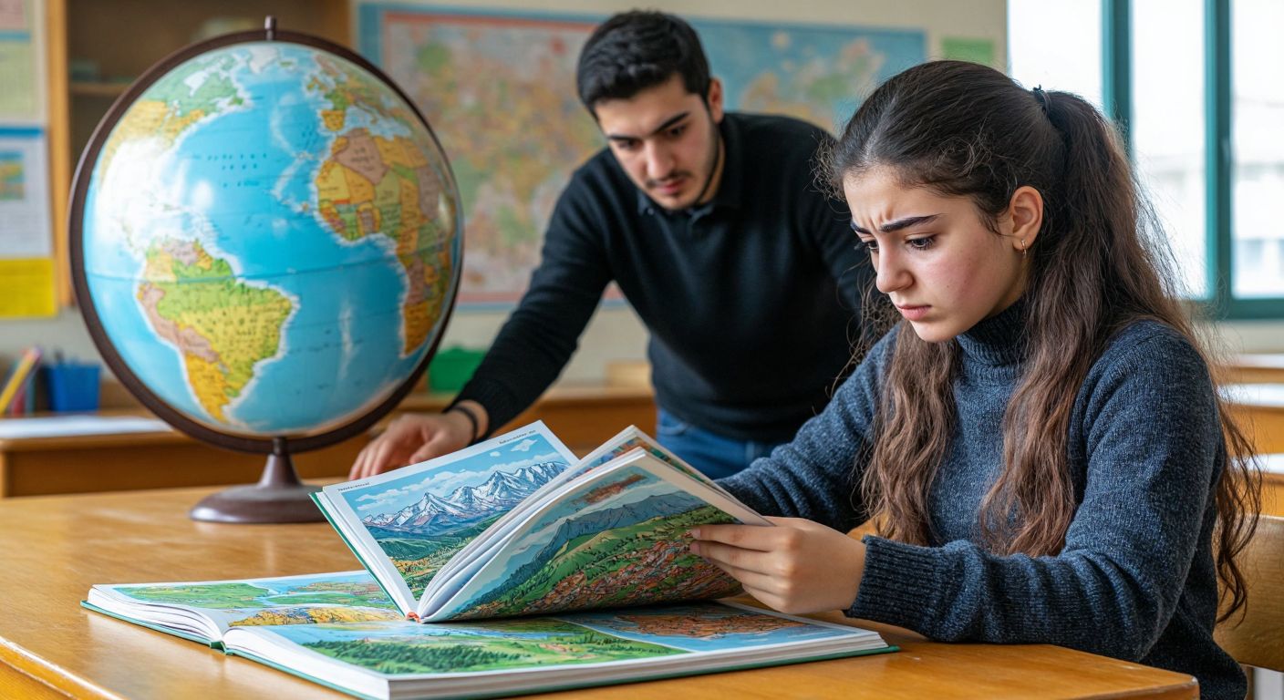 A Turkish high school student sits at a wooden desk, nervously flipping through a geography textbook with colorful illustrations of mountains, climate zones, and population maps, while a teacher in the background points to a large physical globe.