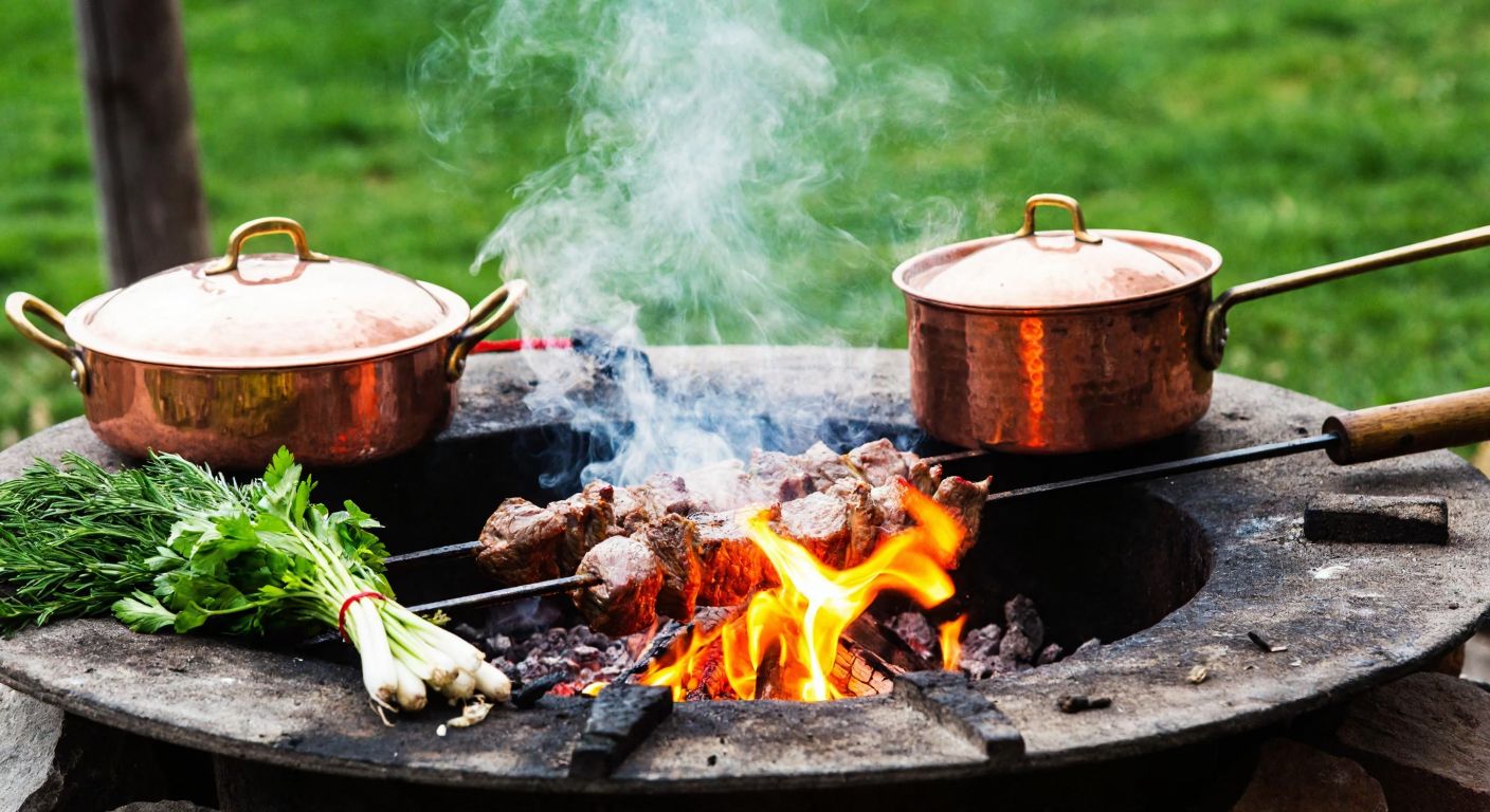 A rustic outdoor fire pit in Turkey crackles with glowing wood embers, beneath a skewer of sizzling meat releasing aromatic smoke, while a copper pot simmers nearby, surrounded by fresh herbs and vegetables.