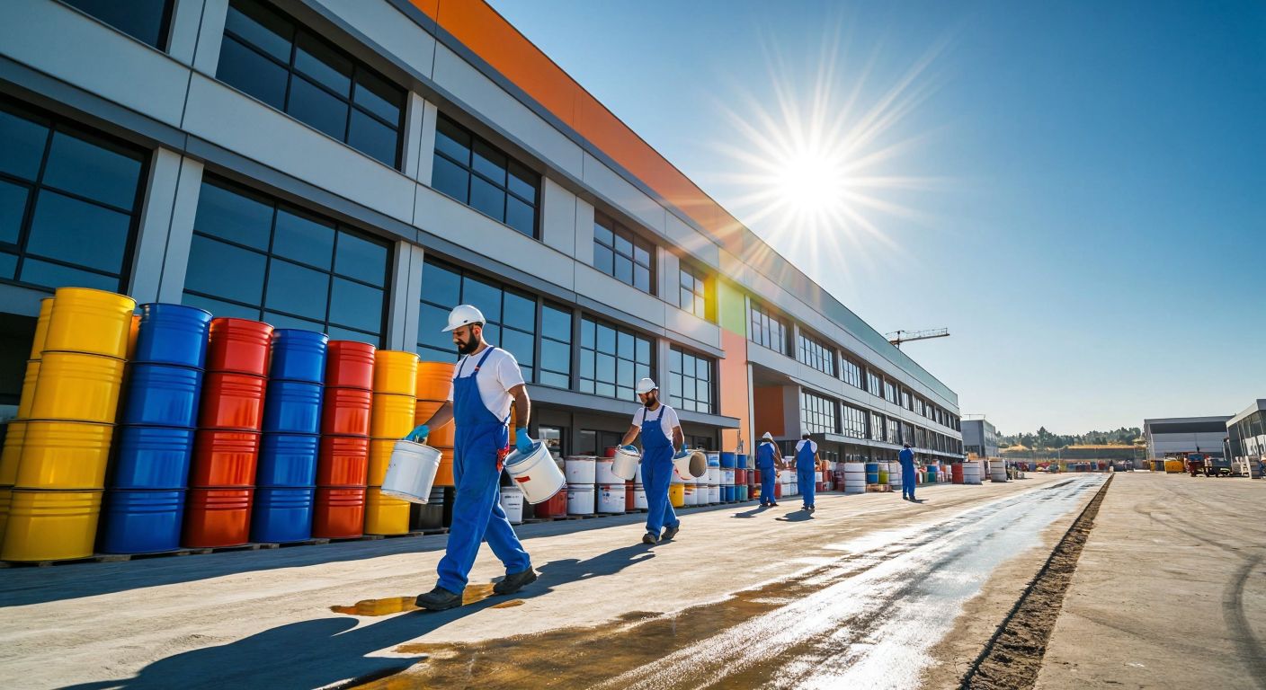 A modern industrial building in Çiğli, İzmir, with workers in blue overalls carrying paint cans under a bright sun, surrounded by stacks of colorful paint barrels.