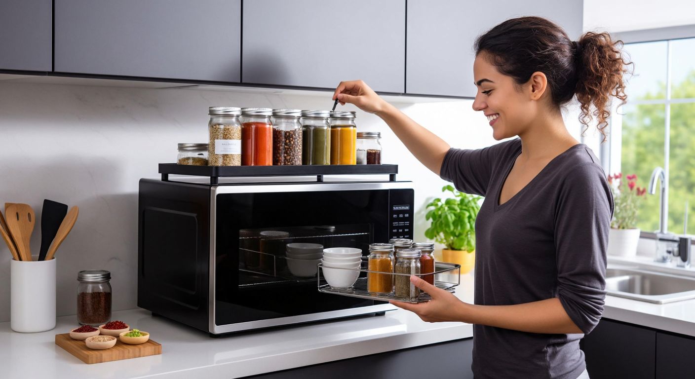A sleek, two-tiered glass shelf organizer sits neatly atop a microwave in a modern Turkish kitchen, surrounded by colorful spice jars and a satisfied homeowner adjusting it with a smile.