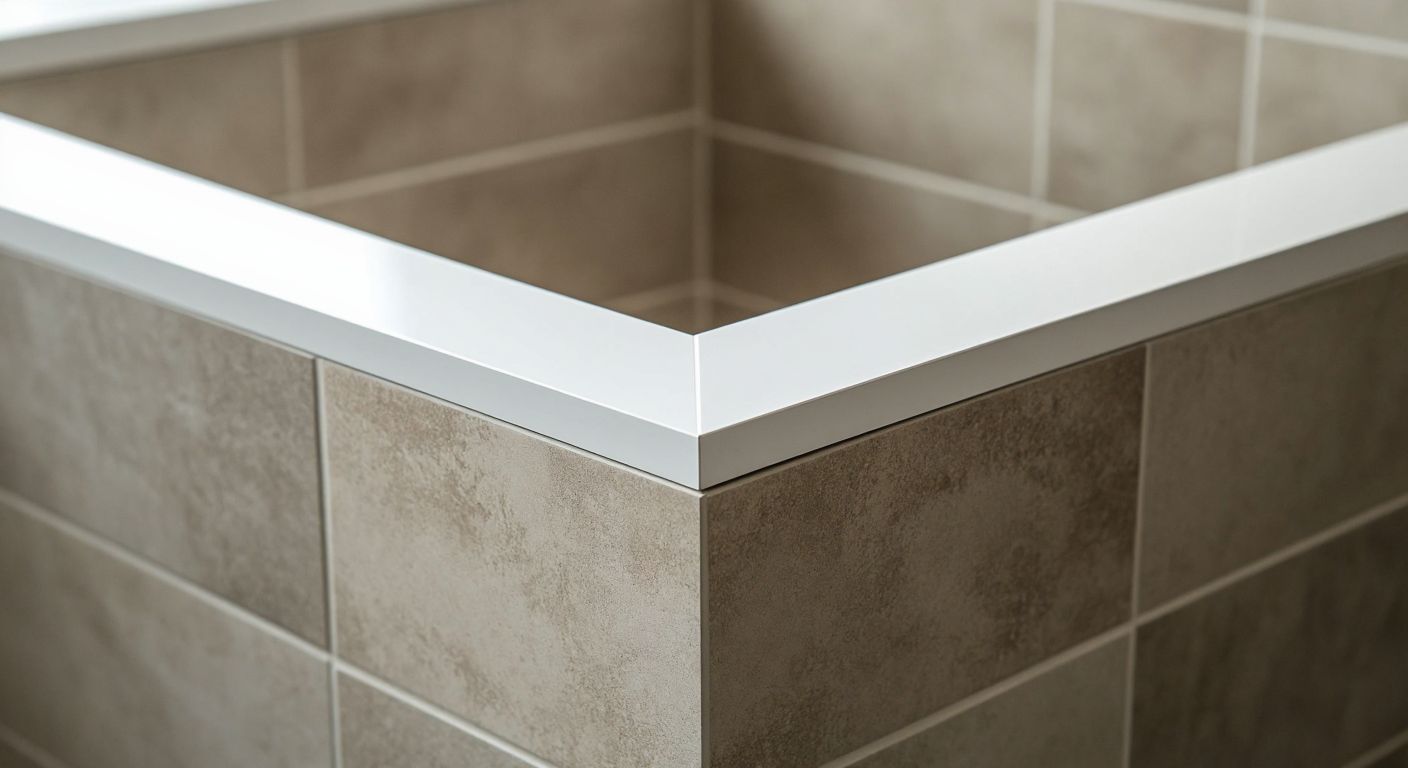 A sleek aluminum decorative joint profile with a smooth white powder-coated finish, neatly bridging the corner between a tiled wall and ceiling in a modern Turkish bathroom.