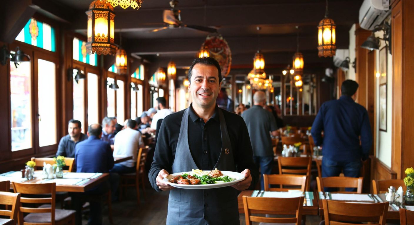 A bustling traditional Turkish meyhane in Beşiktaş with wooden tables, hanging lanterns, and a smiling middle-aged man (Emre Kocadağ) warmly greeting patrons while holding a tray of meze.