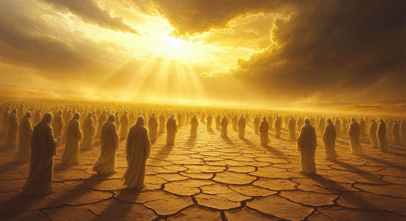 A vast, ethereal desert at dawn, with countless people rising from cracked earth, their faces filled with awe and reverence as golden light spills from the heavens.