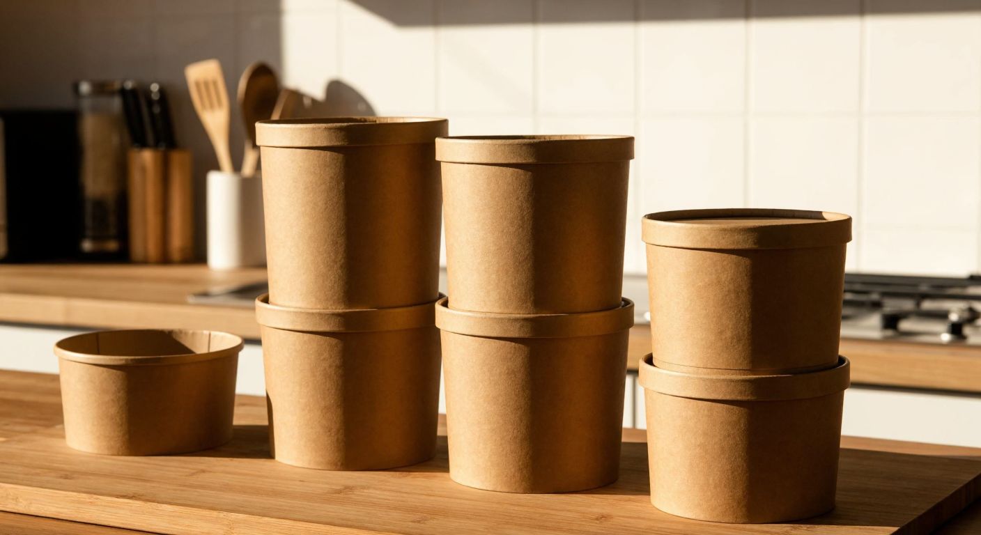 A stack of sturdy, brown kraft paper food containers with matching lids, neatly arranged on a wooden kitchen counter in a warm, sunlit Turkish home.