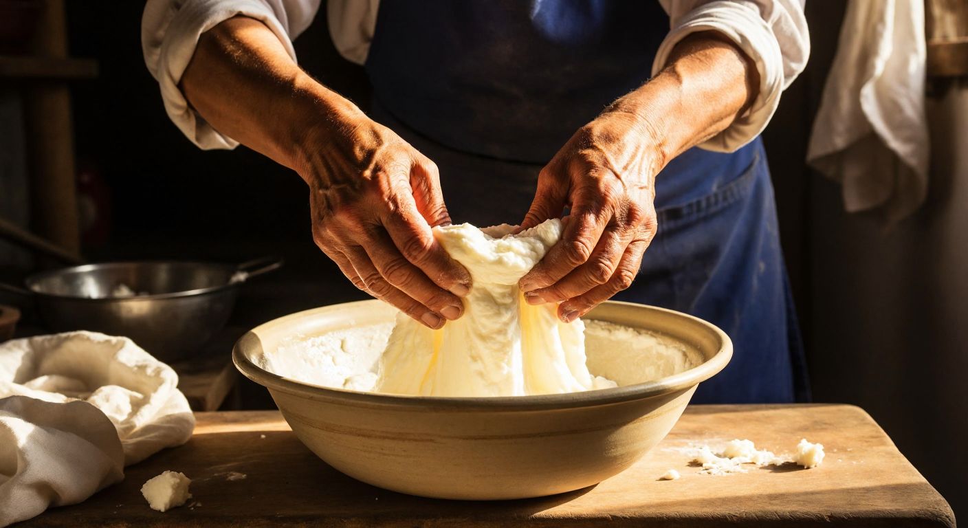 A pair of weathered hands carefully squeezing a white cheesecloth filled with fresh cheese curds over a rustic ceramic bowl in a sunlit Turkish kitchen.