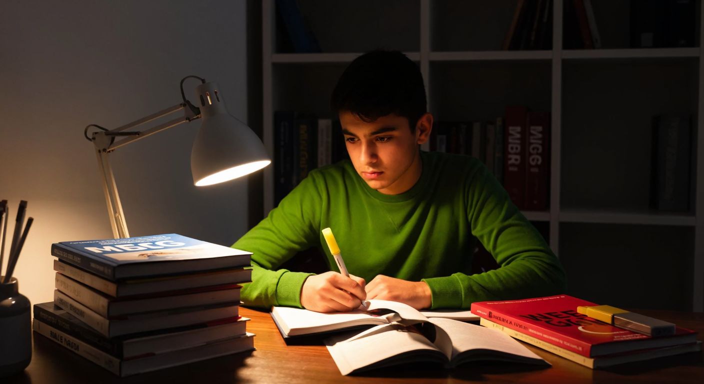 A focused young student in Turkey sits at a wooden desk, surrounded by stacked textbooks labeled "MEB-AGS," a highlighter in hand, with a determined expression under the warm glow of a study lamp.