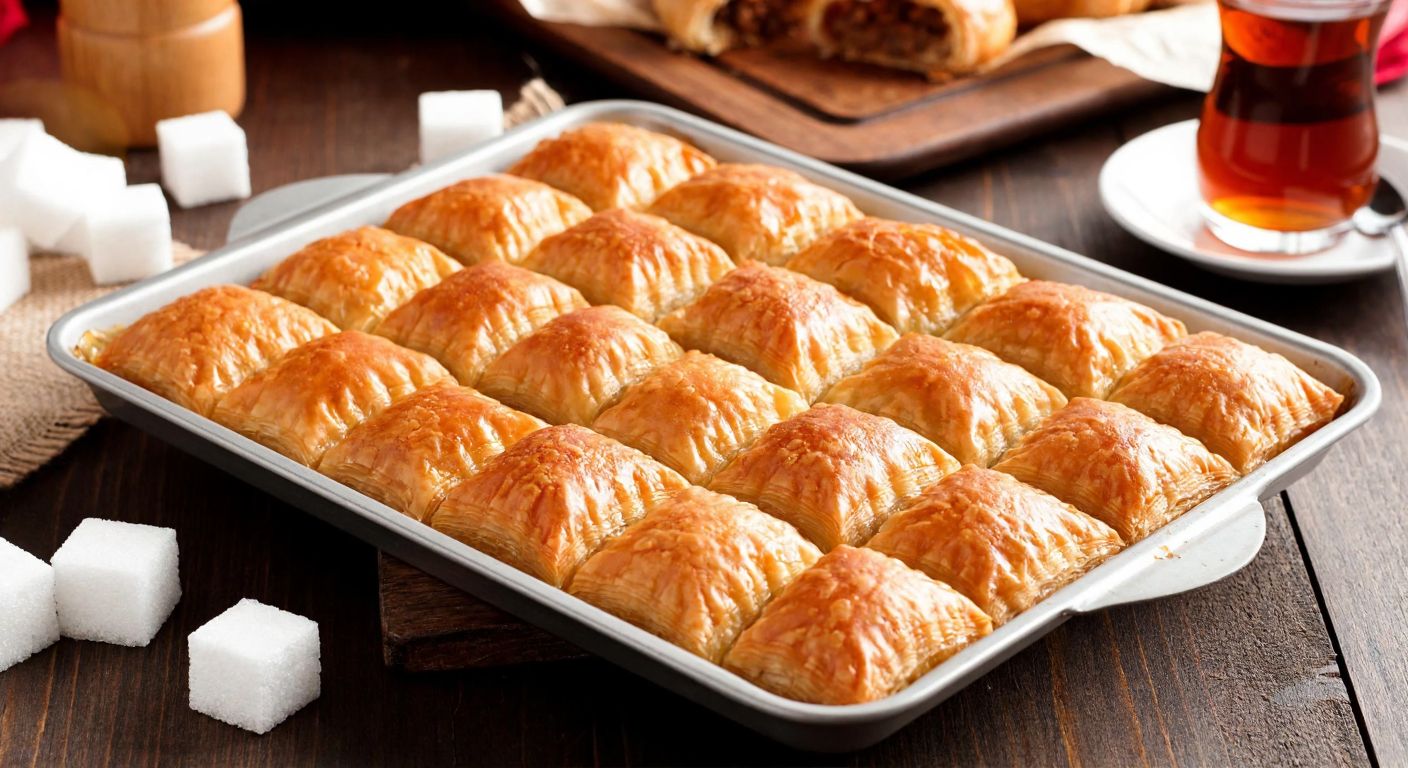 A golden-brown tray of freshly baked baklava, glistening with syrup, sits on a wooden table in a Turkish kitchen, surrounded by scattered sugar cubes and a glass of tea, evoking warmth and sweetness.