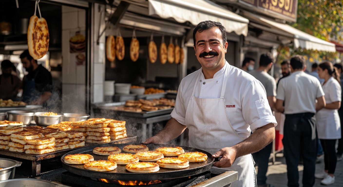 A smiling man with a mustache, wearing a white apron and standing behind a sizzling griddle piled with golden, cheese-filled toasts in a small Turkish street food stall, surrounded by eager customers under warm sunlight.