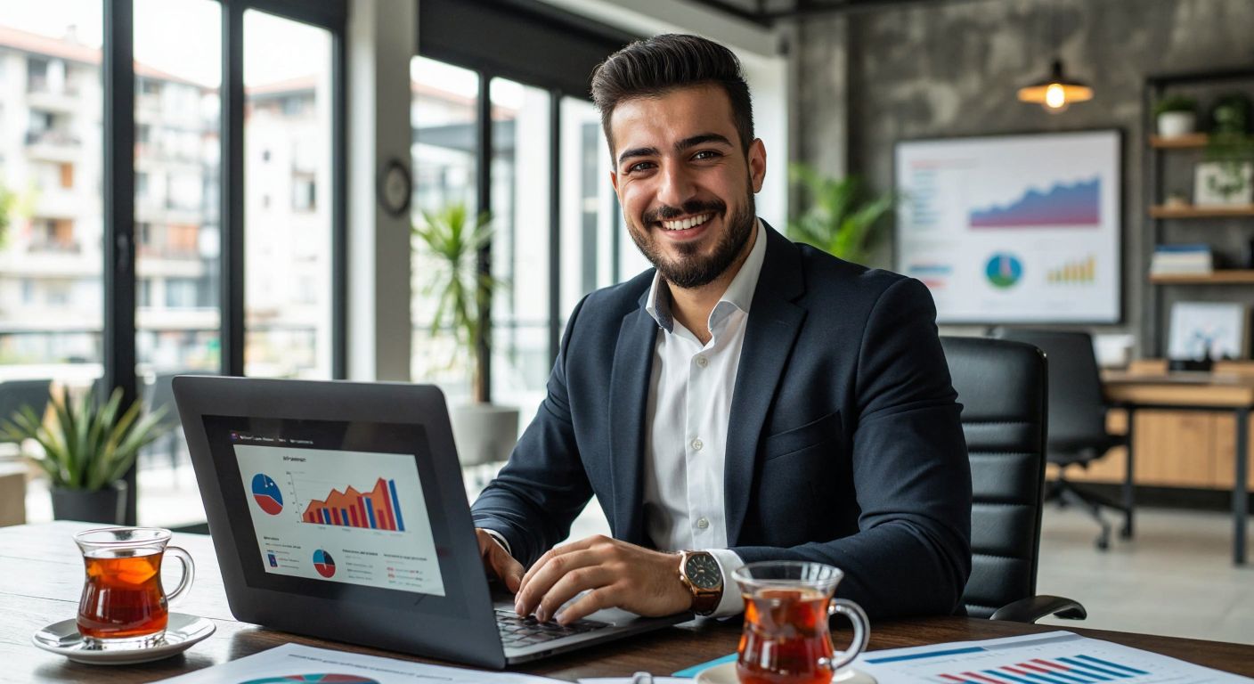 A confident Turkish man in a modern office, wearing a crisp suit, smiling while presenting a digital marketing strategy on a sleek laptop, surrounded by vibrant charts and a cup of traditional Turkish tea.