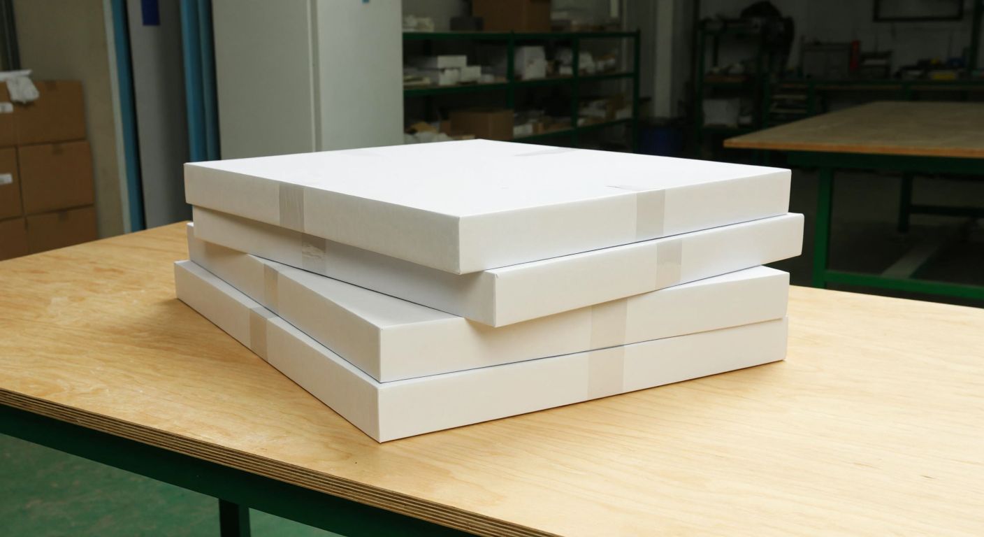 A stack of five large white cardboard sheets (100x150 cm) neatly arranged on a wooden table in a well-lit Turkish packaging workshop.