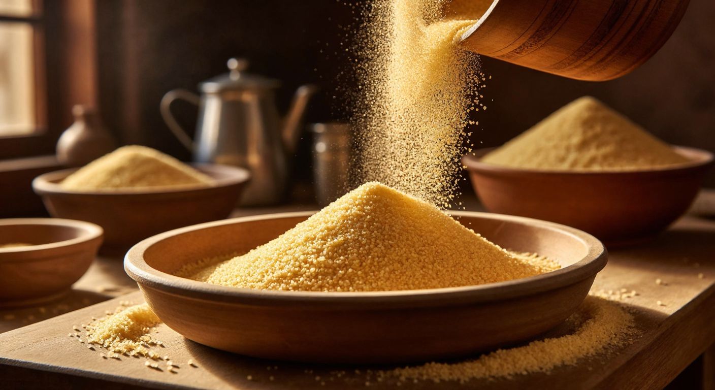 A close-up of golden, finely ground semolina or whole wheat flour being shaped into tiny couscous pearls on a traditional wooden tray, with a warm, sunlit Turkish kitchen in the background.