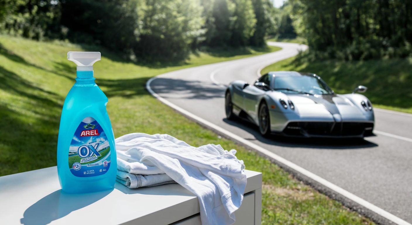 A bright blue bottle of Ariel Oxi detergent sits on a sunlit laundry counter next to freshly washed white clothes, while a sleek silver Ariel 4RR race car speeds down a winding track in the background.