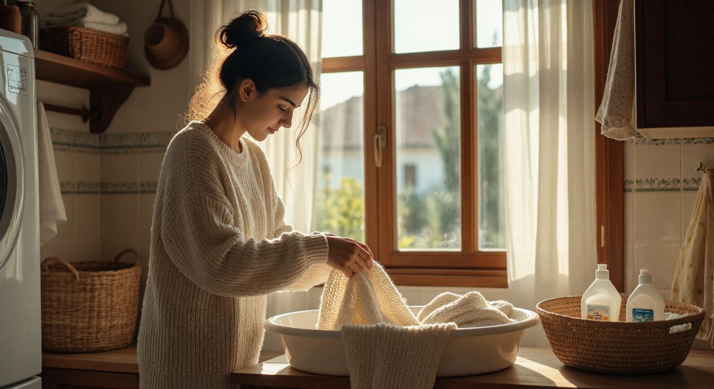 A woman in a cozy Turkish home gently hand-washing a soft knitted sweater in a basin of warm water, with a laundry bag and mild detergent nearby, while sunlight filters through the window onto a drying rack.