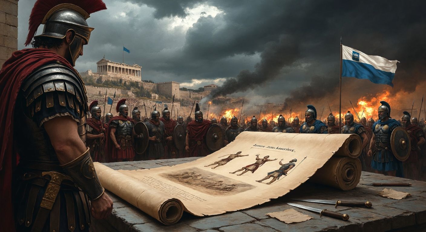 A weathered parchment scroll unfurls across a dimly lit stone table, revealing faint illustrations of Roman soldiers, a medieval battlefield, a waving Estonian flag, diplomats shaking hands, and distant explosions under a stormy sky.