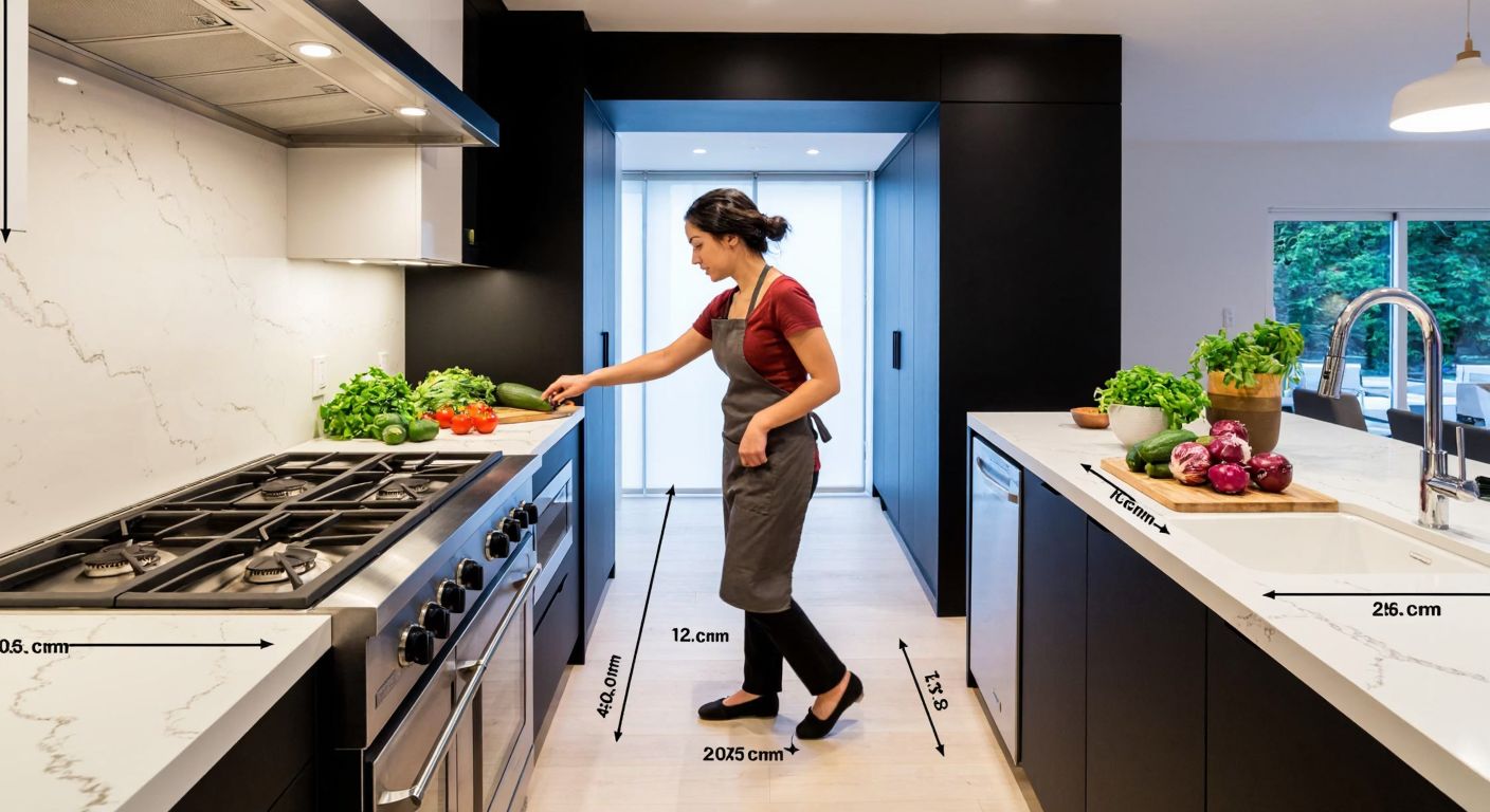 A spacious Turkish kitchen with a woman in an apron efficiently moving between a modern stove, a marble countertop with fresh vegetables, and a stainless steel sink, all arranged in a triangular layout with measured distances.