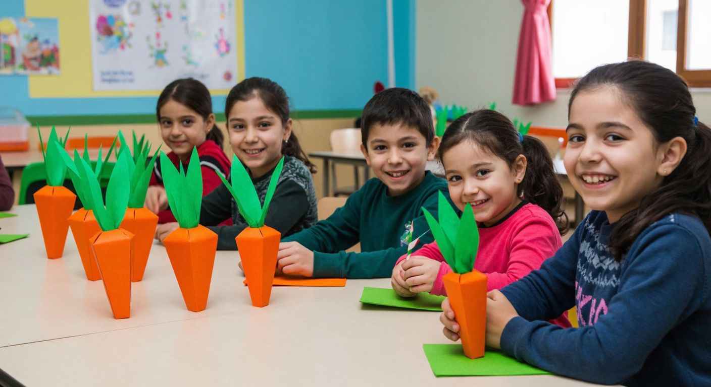 A group of smiling Turkish children in a colorful classroom crafting orange cardboard carrots with green crepe paper tops while playfully hopping like rabbits.