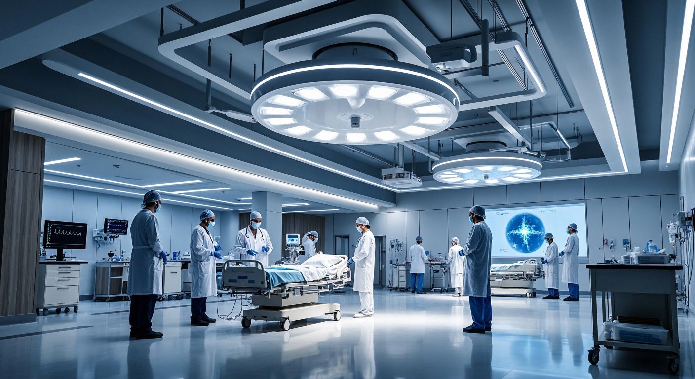 A modern Turkish hospital with doctors examining high-tech medical equipment, workers repairing infrastructure, and a new wing under construction, all under a bright, efficient overhead light.