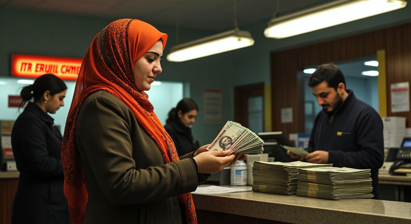 A Turkish woman in a bright headscarf hands a stack of banknotes to a PTT clerk behind a counter, while another clerk in the background processes paperwork, all under the warm glow of a bank's fluorescent lights.