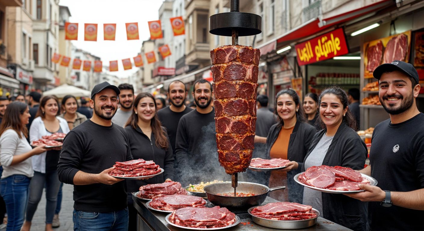 A bustling Turkish street scene with a sizzling vertical döner spit in the foreground, surrounded by a diverse crowd of smiling people holding plates of freshly sliced meat, while colorful banners and food stands hint at a lively local festival.
