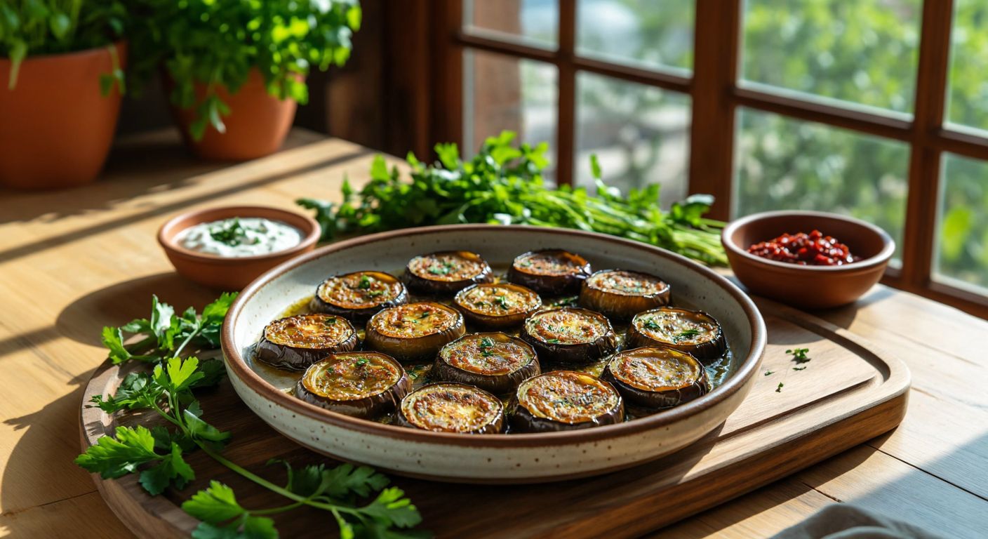 A round, deep ceramic plate with a golden-brown fried eggplant dish, resting on a wooden table in a sunlit Turkish kitchen, surrounded by fresh herbs and a small bowl of yogurt.