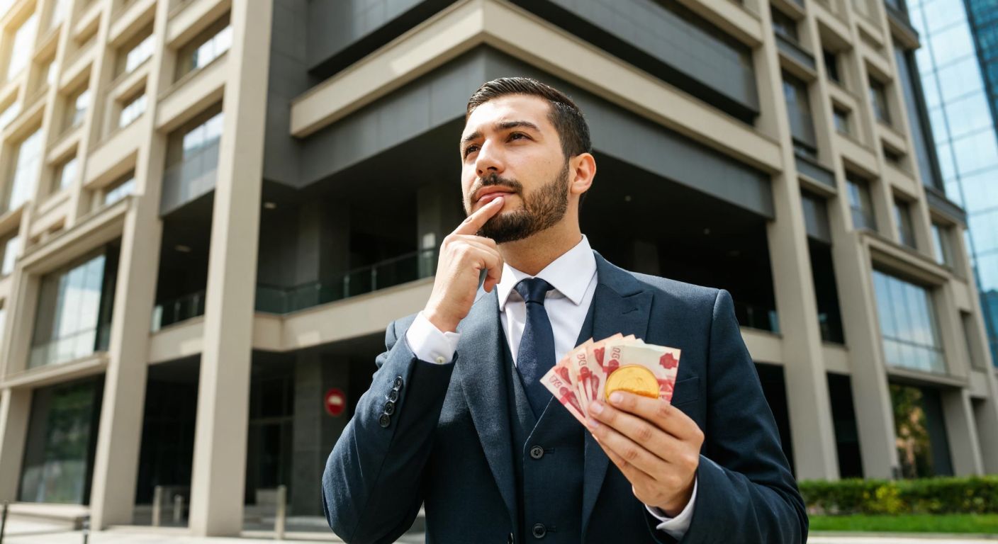 A Turkish banker in a formal suit stands thoughtfully in front of a modern bank building, holding a golden coin and a stack of Turkish lira bills, symbolizing financial liquidity and reserve options.