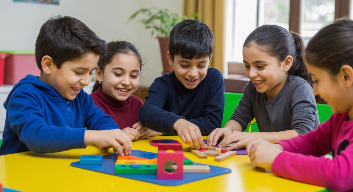 A group of cheerful Turkish children, aged 5-7, sitting at a colorful table with simple coding toys like wooden blocks and puzzles, smiling as they arrange them in sequences under the guidance of a warm, encouraging teacher.
