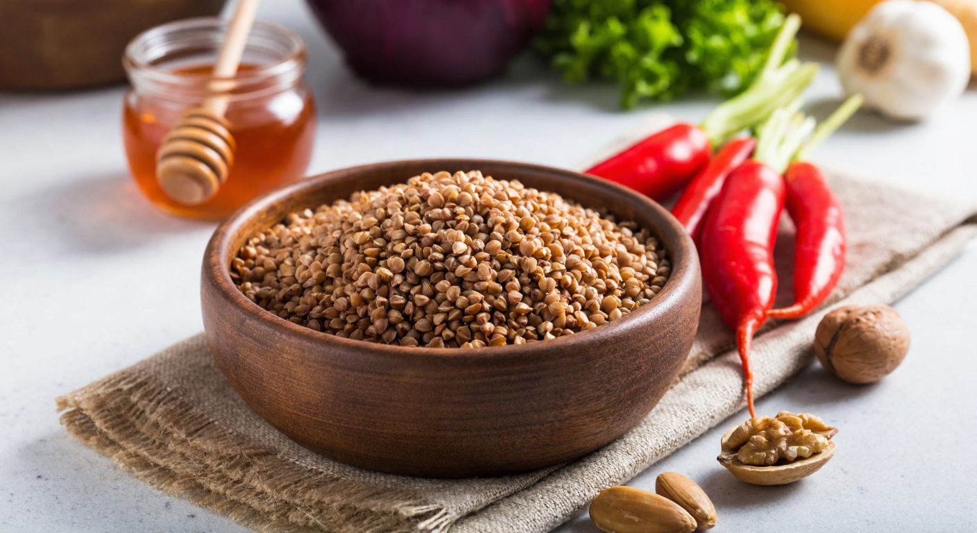 A rustic wooden bowl filled with toasted buckwheat grains, surrounded by fresh vegetables, a small jar of honey, and a handful of nuts, placed on a sunlit kitchen counter in a Turkish home.