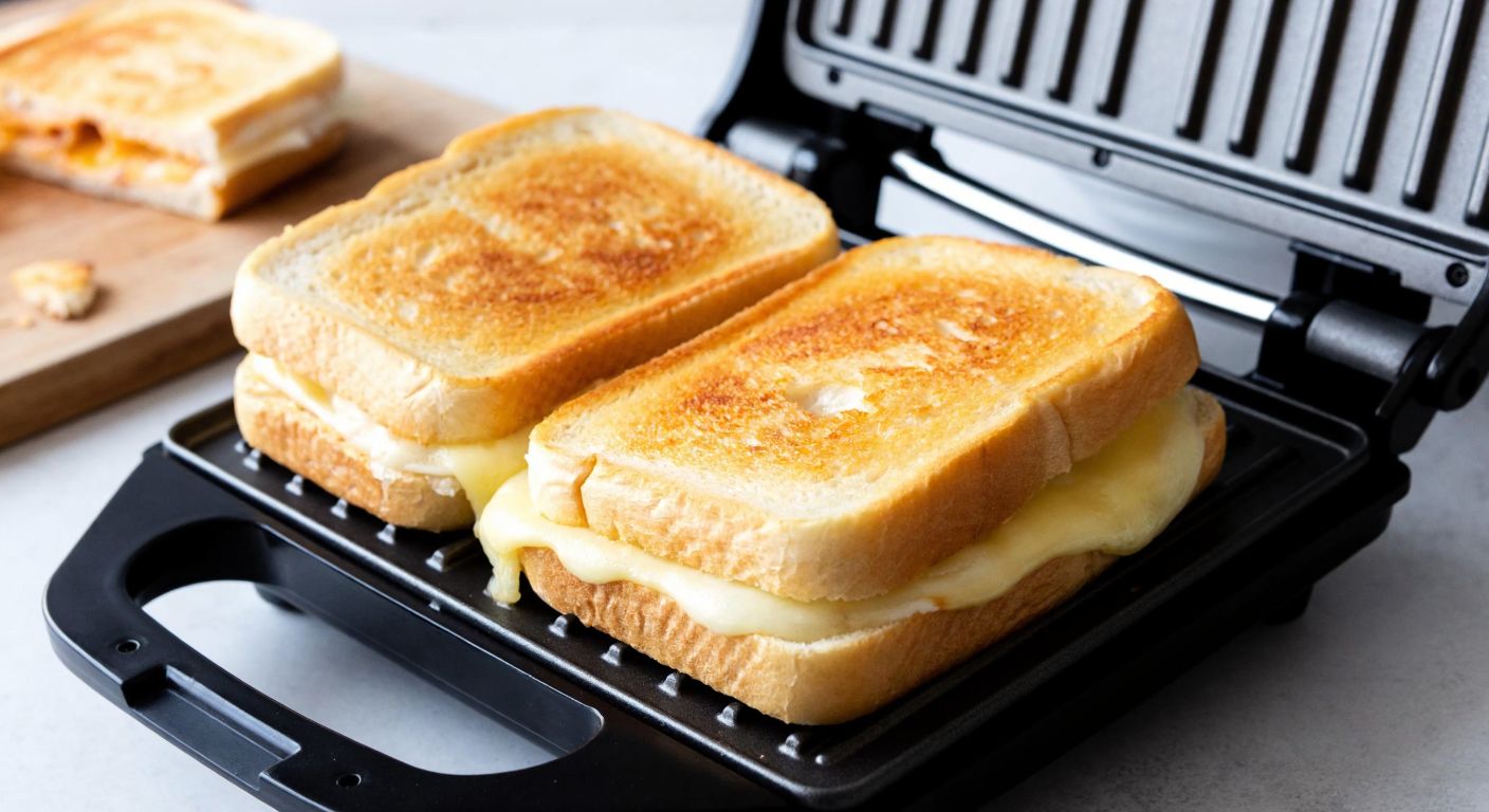 A close-up of a Turkish-style sandwich toaster with golden-brown cheese oozing from between the bread, stuck to the slightly greasy, worn non-stick plates, surrounded by scattered crumbs on a kitchen counter.