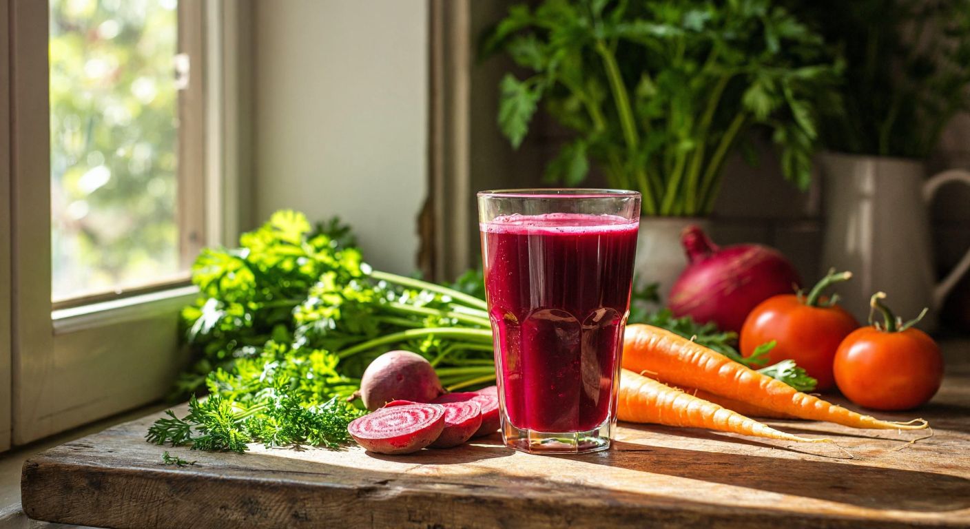 A vibrant glass of deep red beet and orange carrot juice sits on a sunlit wooden table in a Turkish kitchen, with fresh vegetables and herbs nearby, evoking health and vitality.