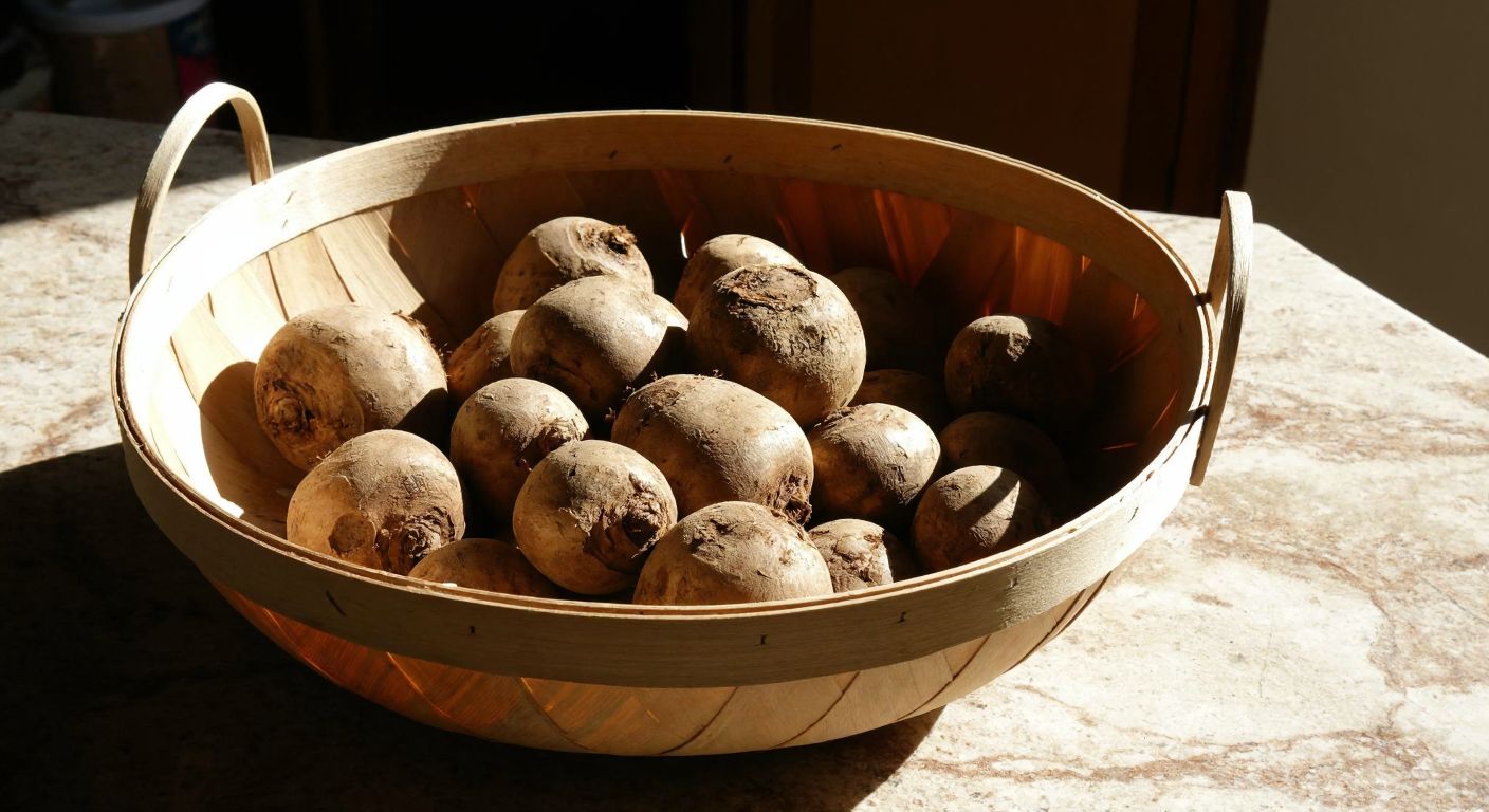 A rustic wooden basket filled with small, round, earthy-colored kolakas (taro) roots, resting on a sunlit stone countertop in a traditional Turkish kitchen.