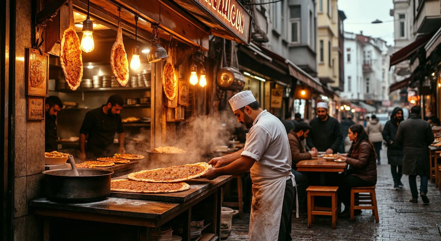 A bustling Istanbul street scene with a warm, golden-lit lahmacun shop in the foreground, where a chef in a flour-dusted apron pulls a thin, crispy lahmacun from a stone oven, while eager customers with delighted expressions wait at wooden tables.