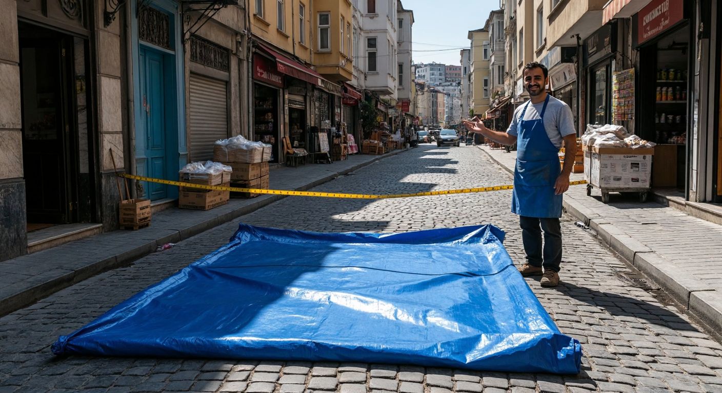 A large, folded blue tarp lies on a sunlit cobblestone street in Istanbul, with a measuring tape stretched across its 2x3-meter expanse, while a shopkeeper in a casual apron gestures toward it with a smile.