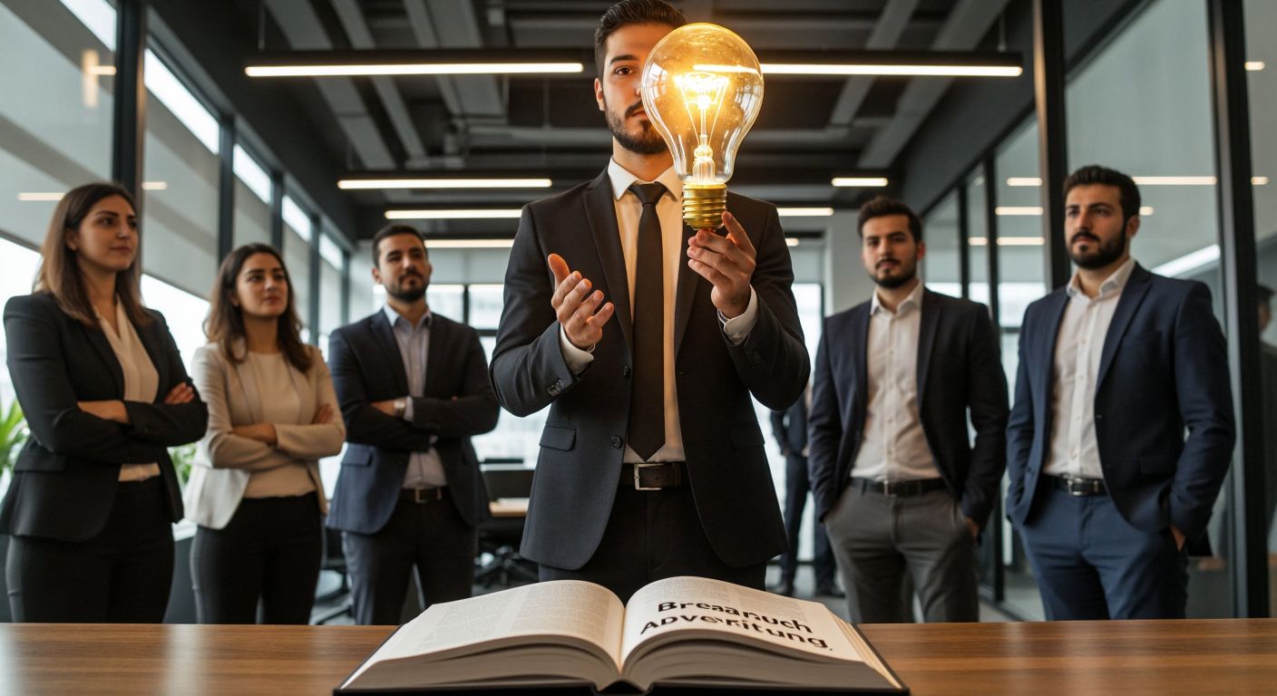 A Turkish businessman in a sleek suit stands confidently in a modern Istanbul office, holding a glowing lightbulb above an open book titled *Breakthrough Advertising*, while a diverse group of attentive professionals watches with curiosity and inspiration.