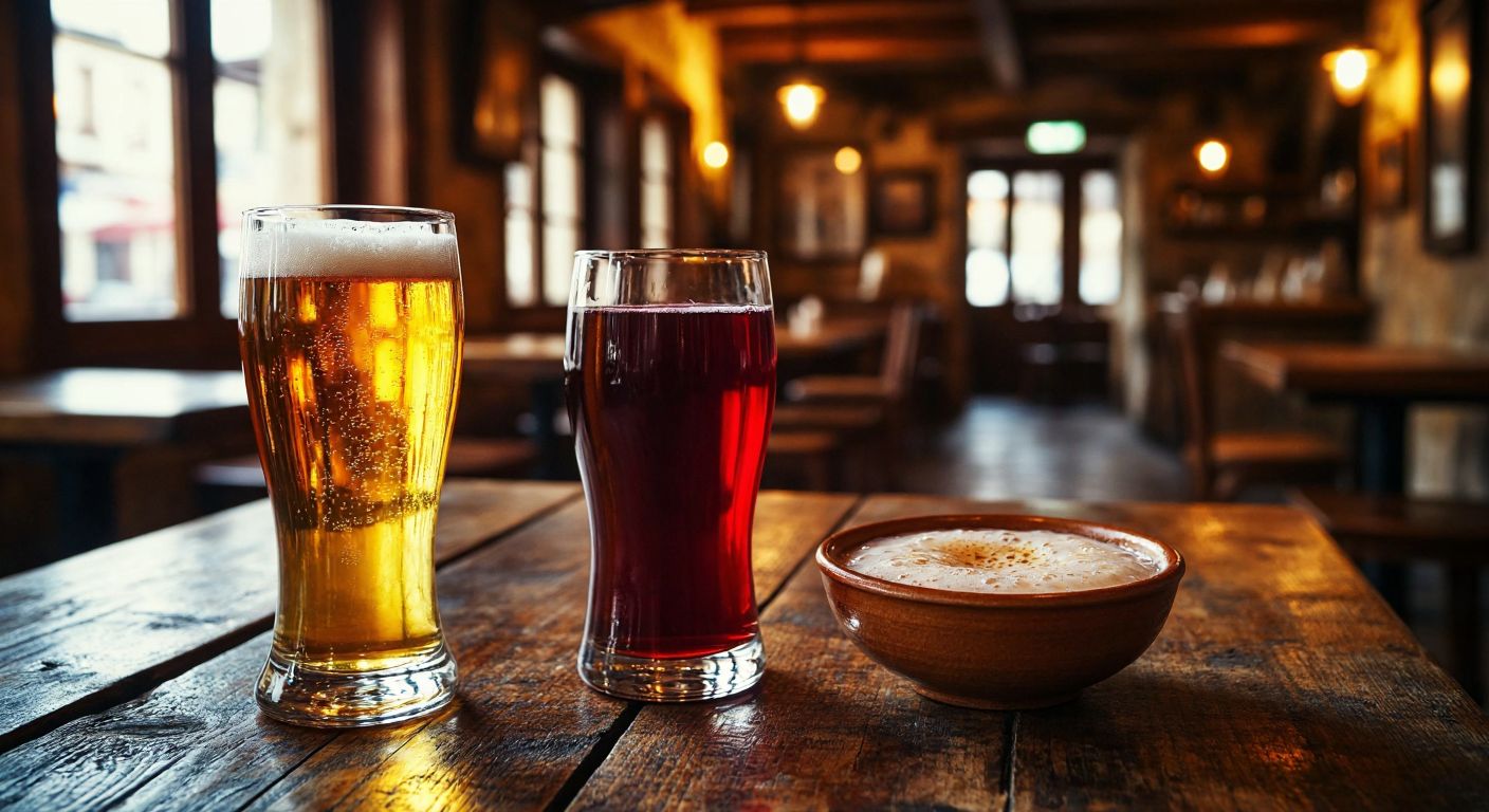 A rustic wooden table in a cozy Turkish tavern holds a glass of frothy golden beer, a deep red wine, and a clear shot of rakı, with a small bowl of bubbling yeast nearby under warm amber lighting.
