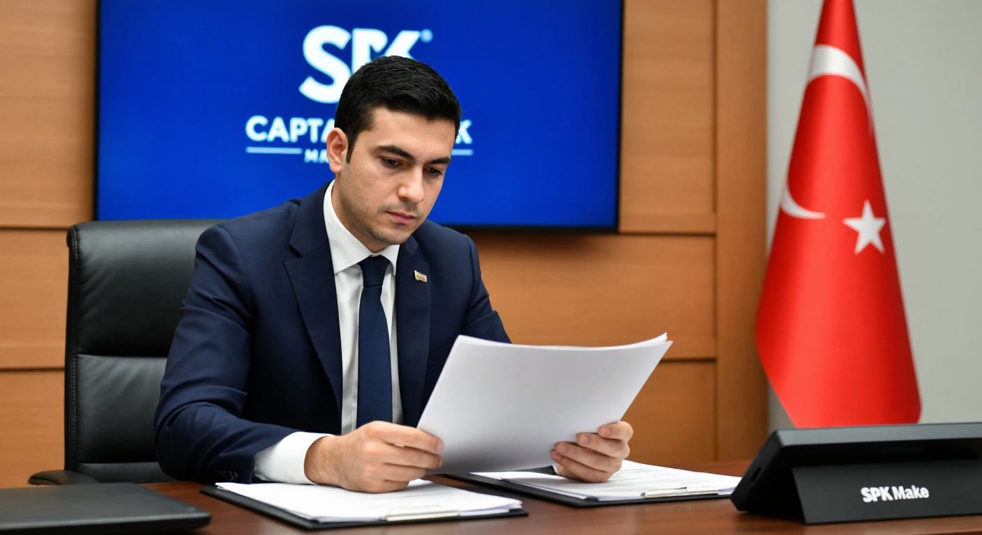 A businessman in a formal suit in Turkey reviews documents at a desk with a SPK (Capital Markets Board) logo in the background, looking focused yet slightly relieved.