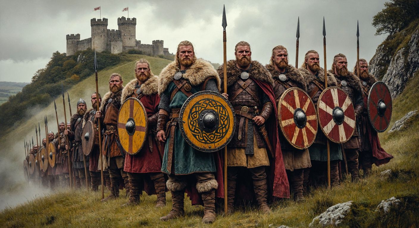 A group of Anglo-Saxon warriors in fur-lined tunics stand proudly on a misty English hillside, holding ornate shields and spears, with a medieval European castle silhouette in the distance.