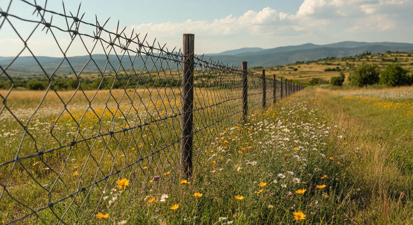 A rugged Turkish countryside fence made of tightly woven galvanized steel wires, with sharp barbs protruding at intervals, stretching across a sunlit field dotted with wildflowers.