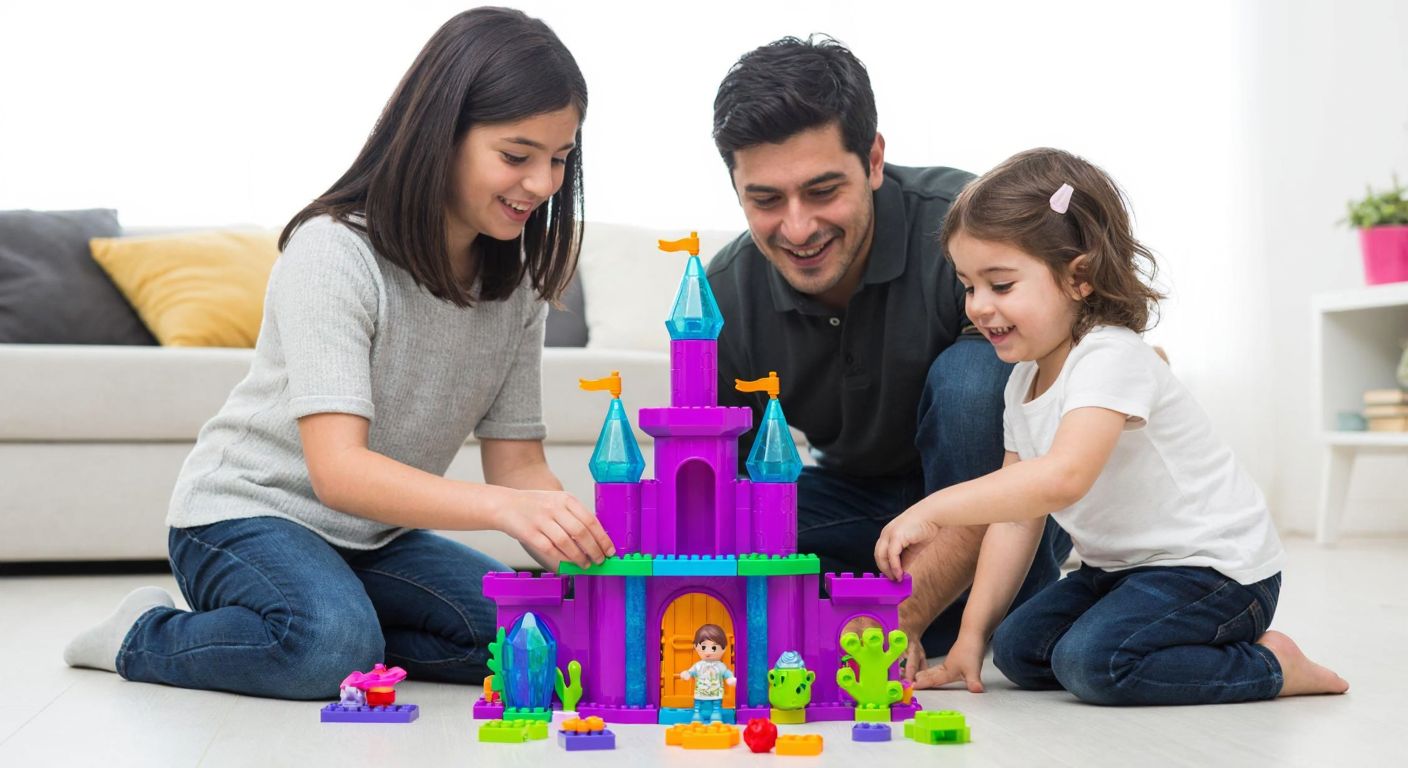 A colorful, whimsical crystal castle toy surrounded by smiling Turkish children aged 3-9, with a parent gently assisting a younger child in assembling the pieces.