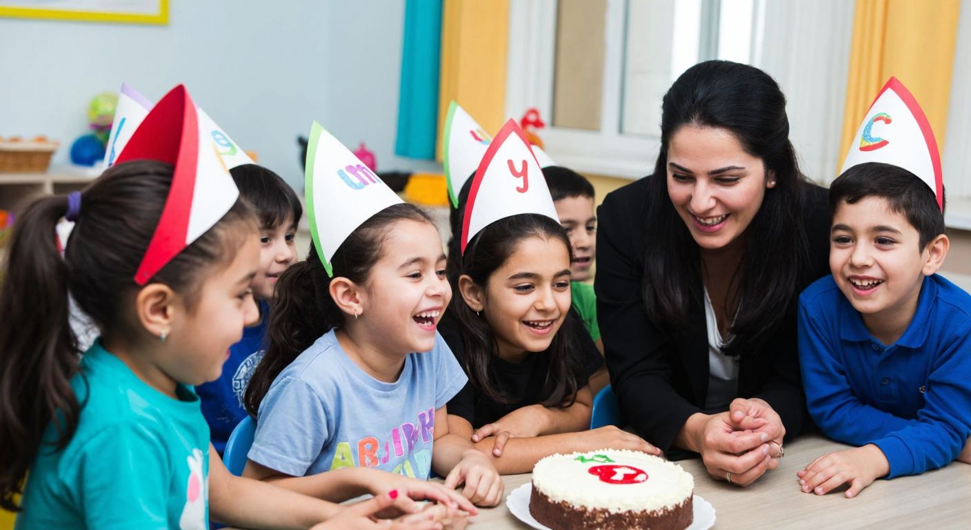 A joyful group of young Turkish children in a colorful classroom, wearing handmade paper hats decorated with alphabet letters, laughing as they gather around a cake with a teacher smiling proudly beside them.