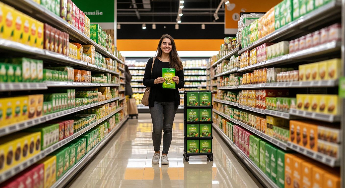 A bright supermarket aisle in Turkey with neatly stacked boxes of Migros-branded bergamot-flavored black tea, a smiling shopper in casual attire holding a green tea packet, and warm yellow lighting reflecting off the polished floor.