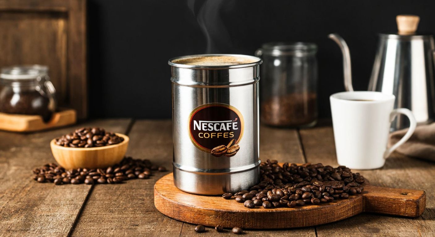 A sturdy metal bidon filled with Nescafé coffee sits on a rustic wooden table in a Turkish kitchen, surrounded by fresh coffee beans and a steaming cup, conveying freshness and sustainability.